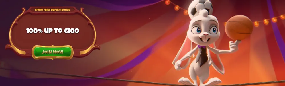 Baner bonusowy Magiusa z postacią królika i ofertą 100% dopasowania